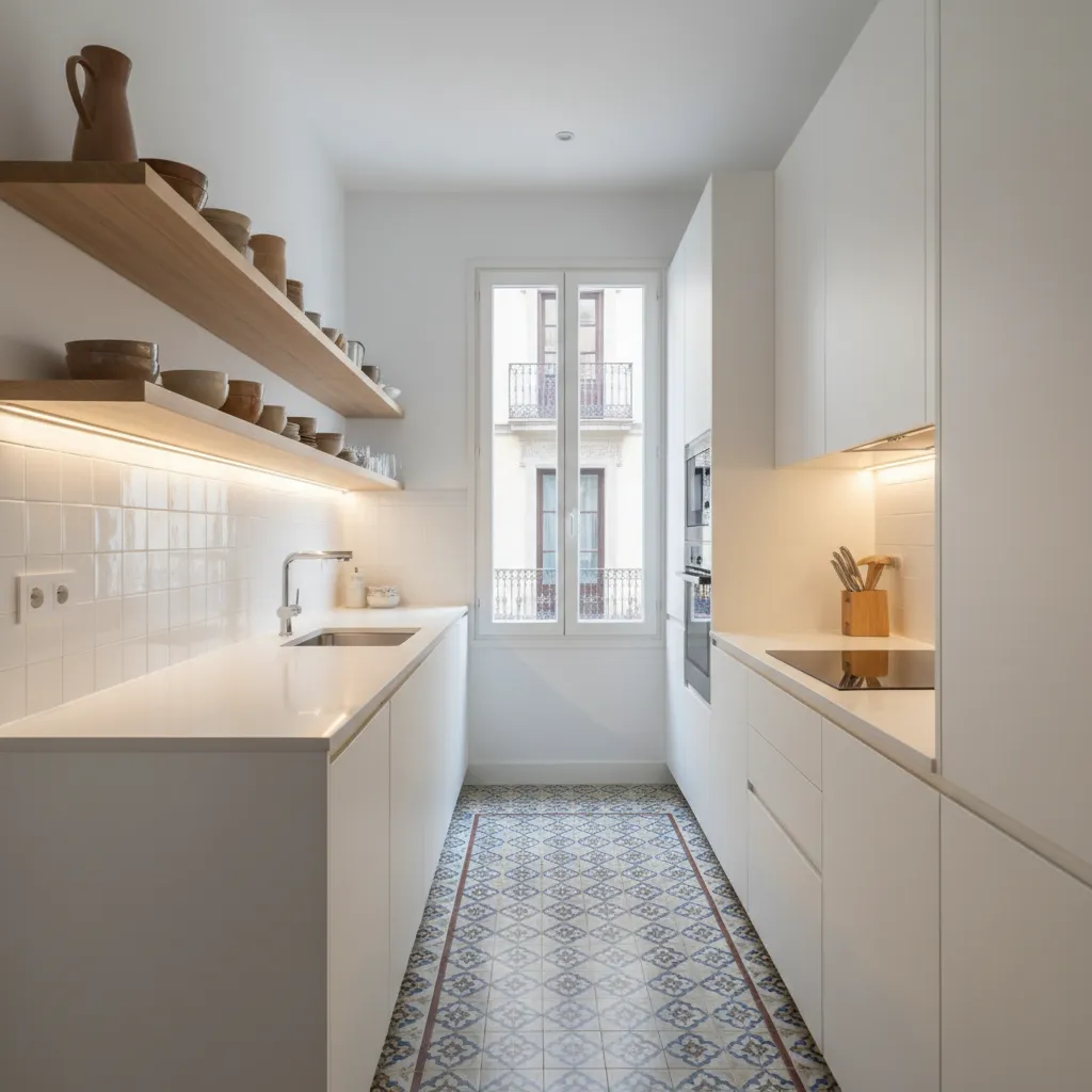 Cocina reformada en Barcelona con muebles blancos